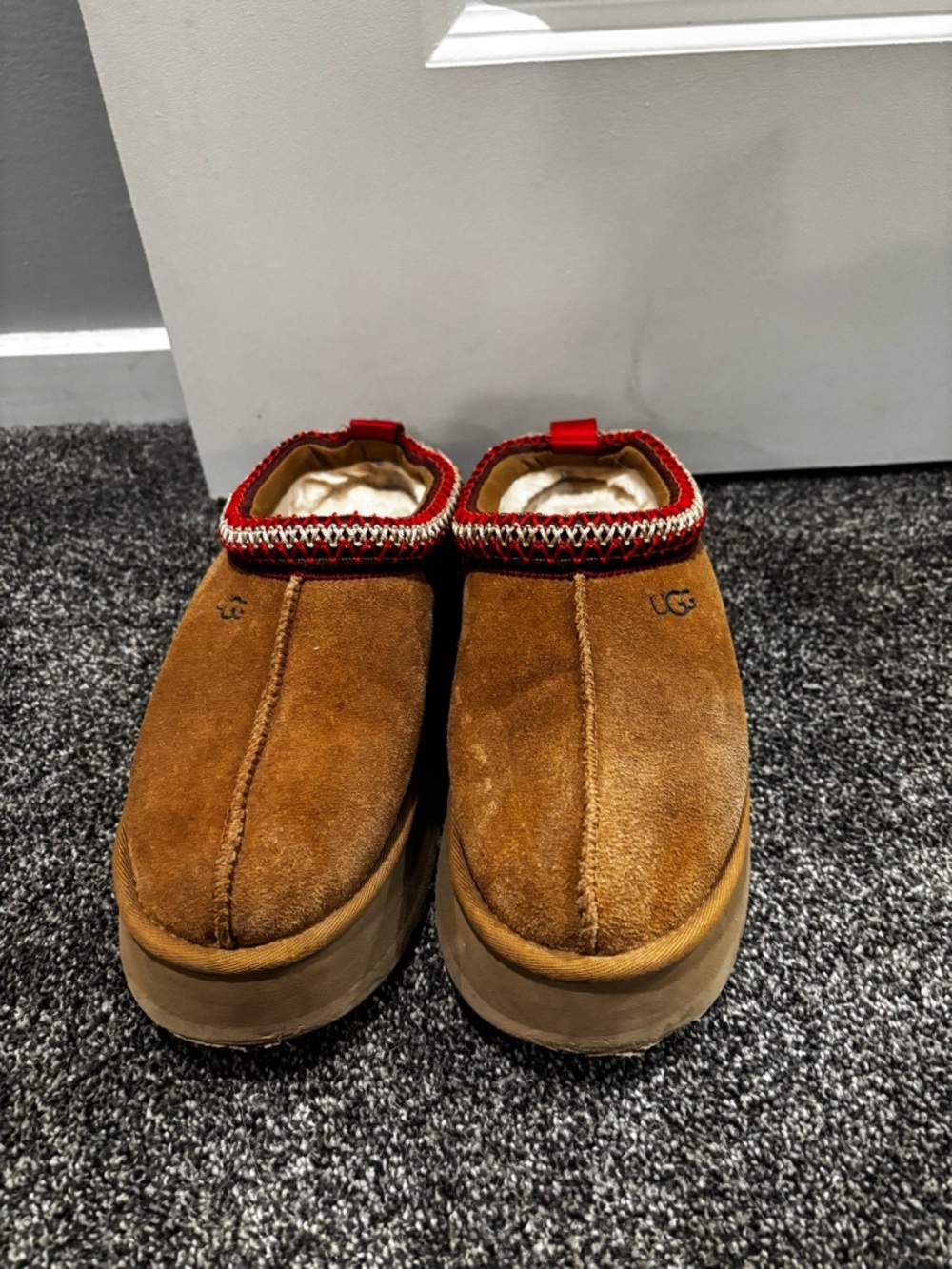 UGG Men’s Chestnut Suede Slip-On with Red Knit Collar